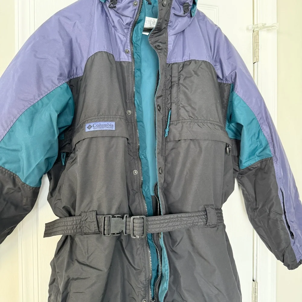 Columbia Snowsuit Men’s XL Black Colorblock Belted Vintage 90s 80s Ski Bib Retro